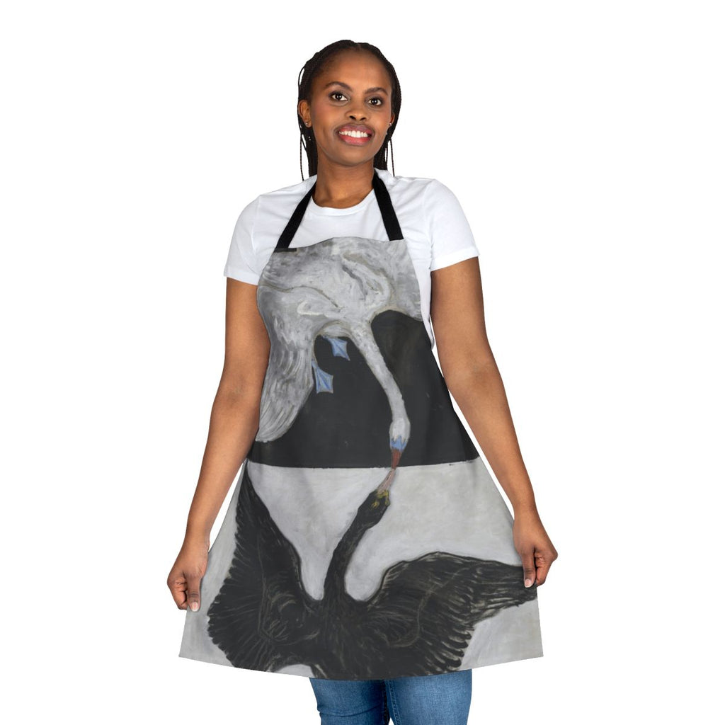 Handpainted black and white swan apron featuring a vintage-style swan design inspired by the artwork of Hilma af Klint.
