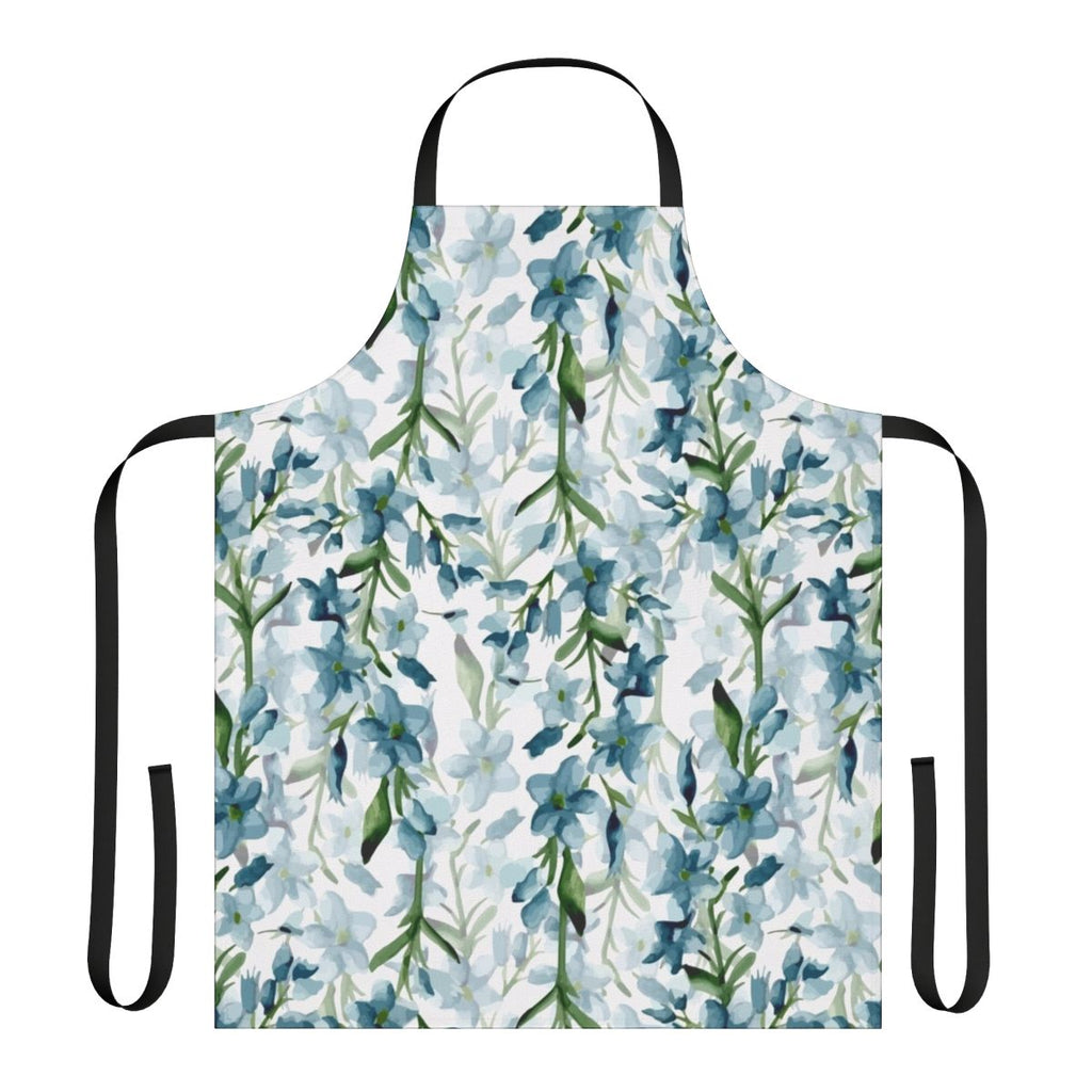 A beautiful blue floral apron with a watercolor-style branch design