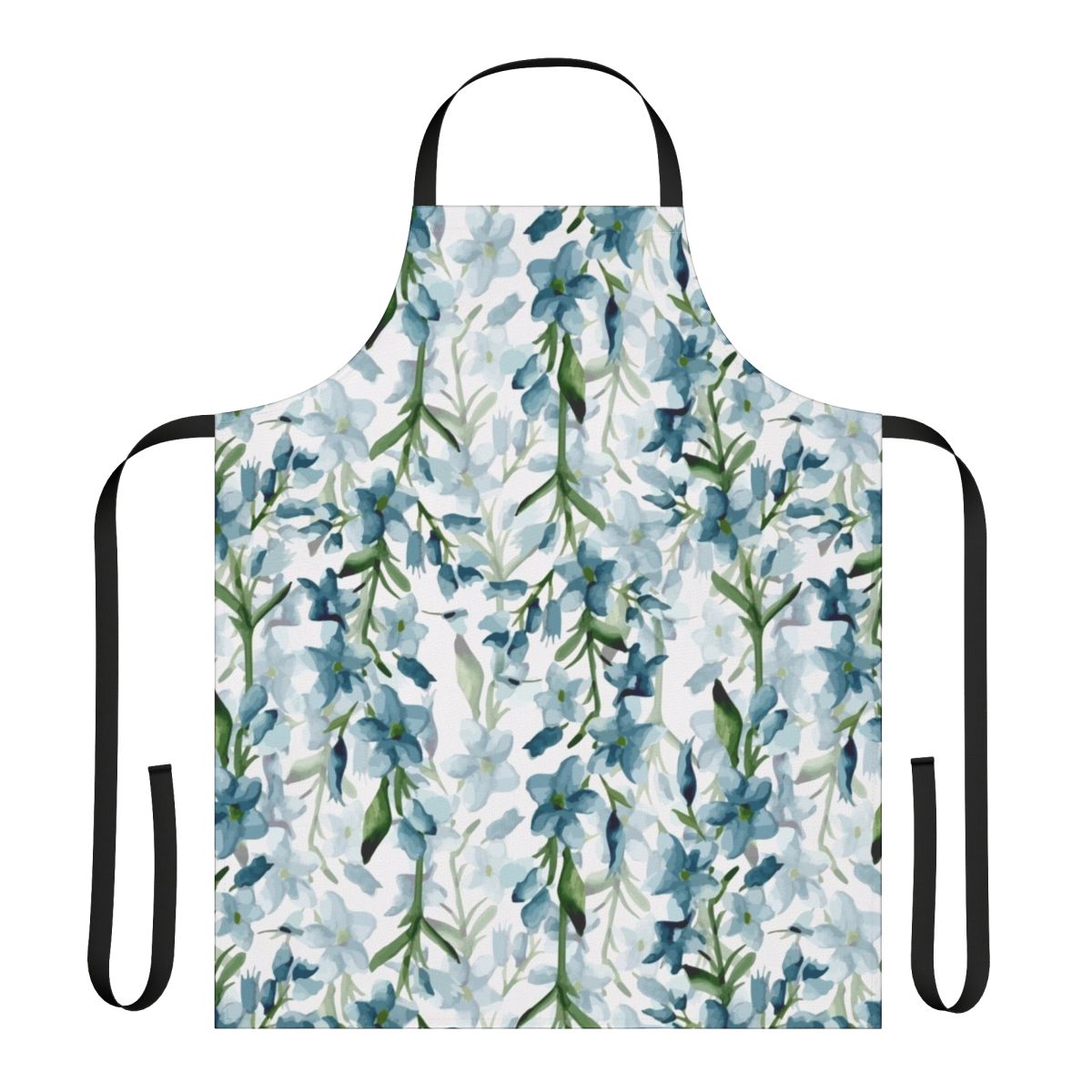 A beautiful blue floral apron with a watercolor-style branch design