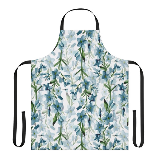 A beautiful blue floral apron with a watercolor-style branch design