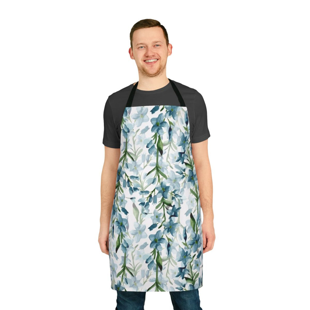 A beautiful blue floral apron with a watercolor-style branch design