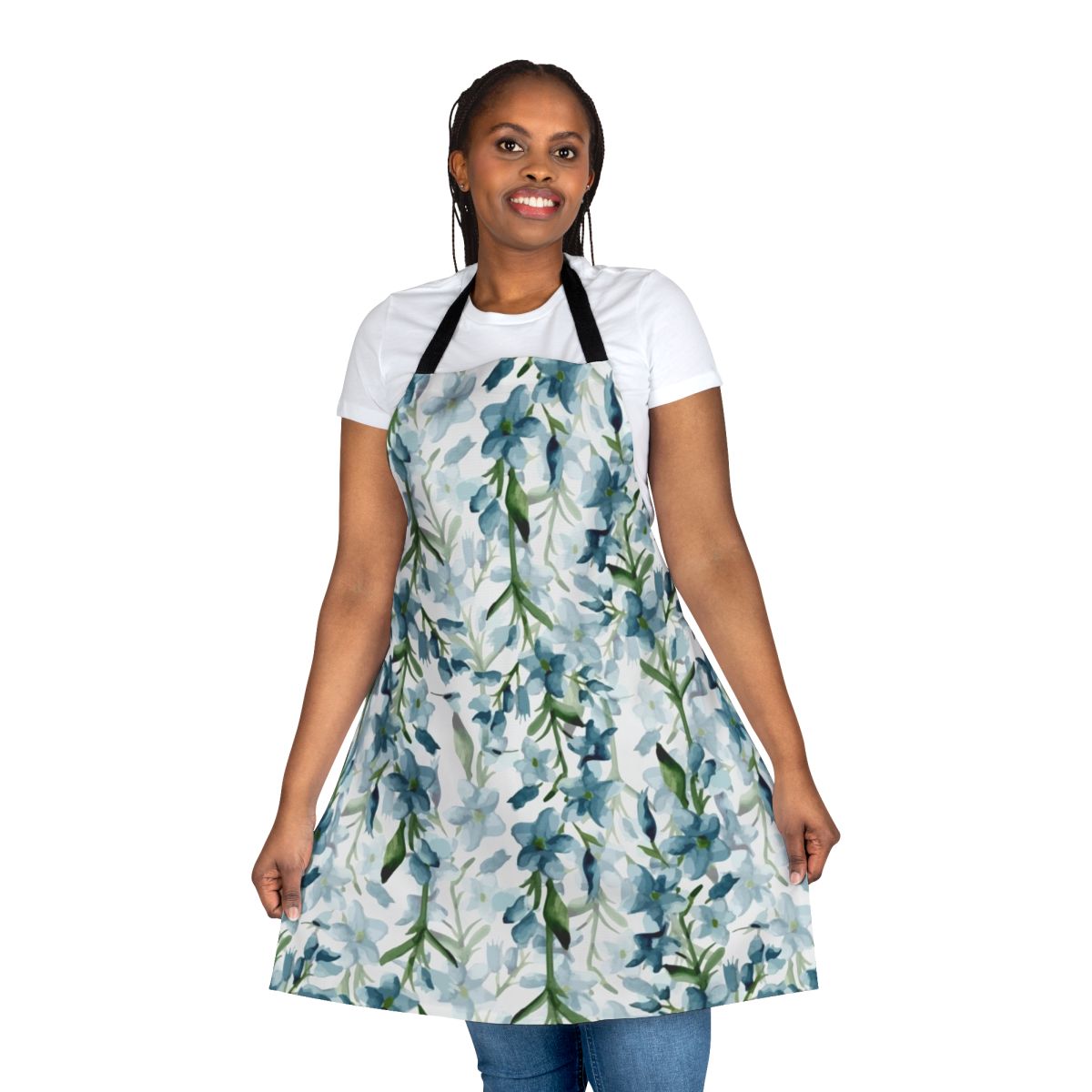A beautiful blue floral apron with a watercolor-style branch design