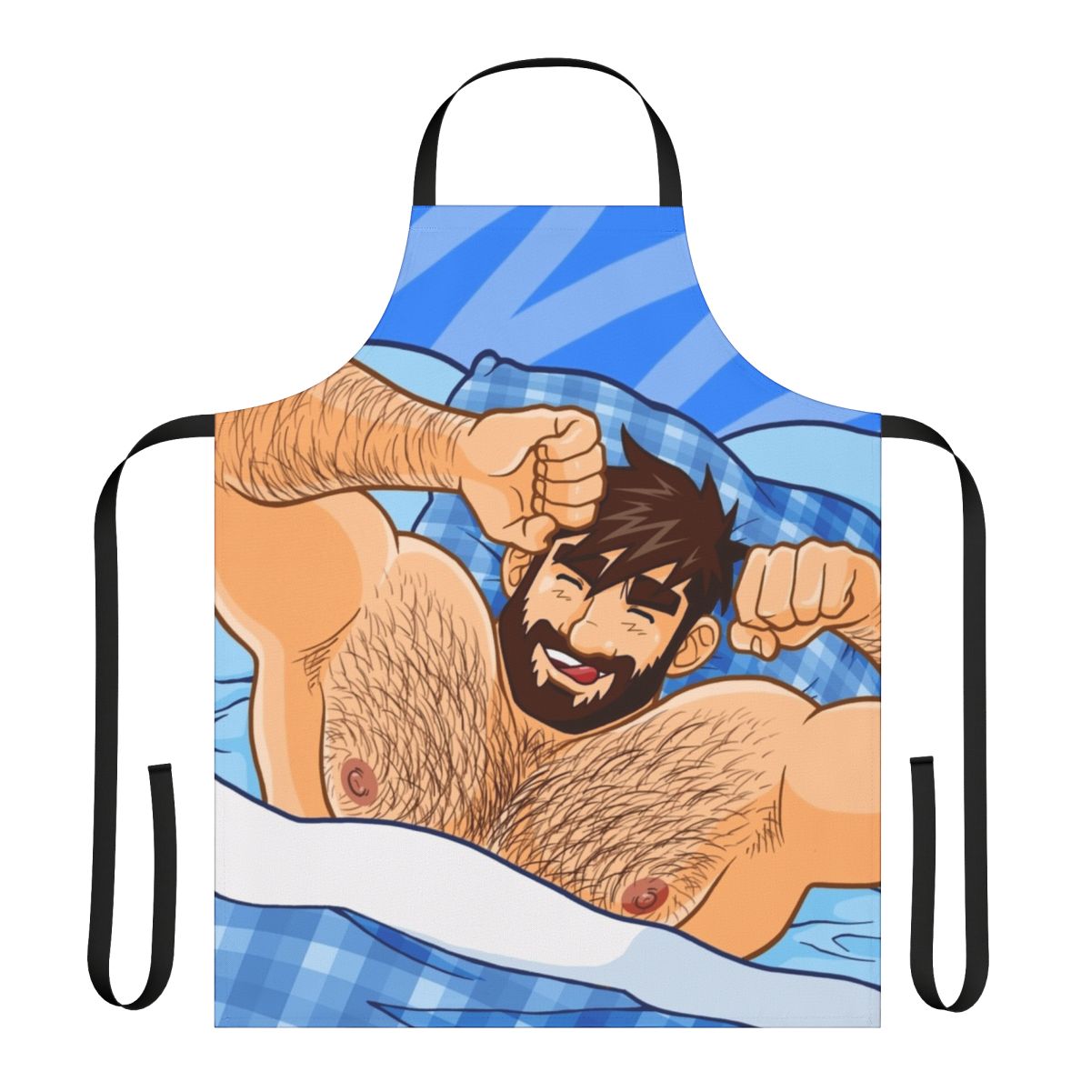 A high-quality apron featuring an illustration of a handsome, bearded bear character.