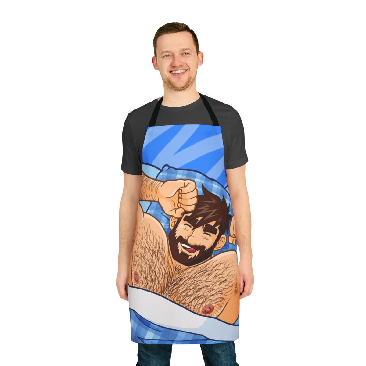A high-quality apron featuring an illustration of a handsome, bearded bear character.