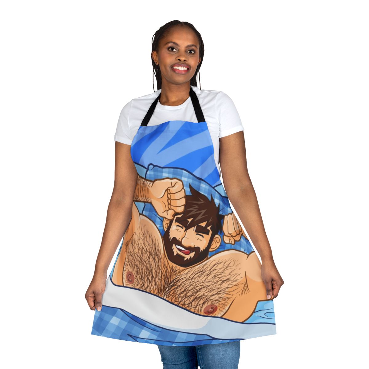 A high-quality apron featuring an illustration of a handsome, bearded bear character.