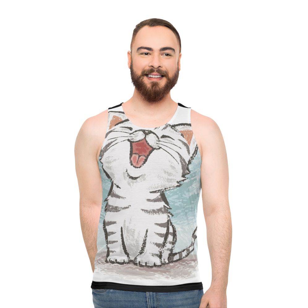 Happy American Shorthair cat illustration on a unisex tank top