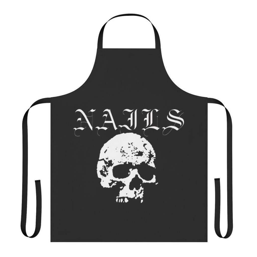 White apron with a skull design, inspired by the hardcore punk band Nails