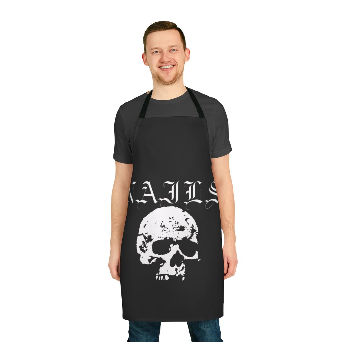 White apron with a skull design, inspired by the hardcore punk band Nails