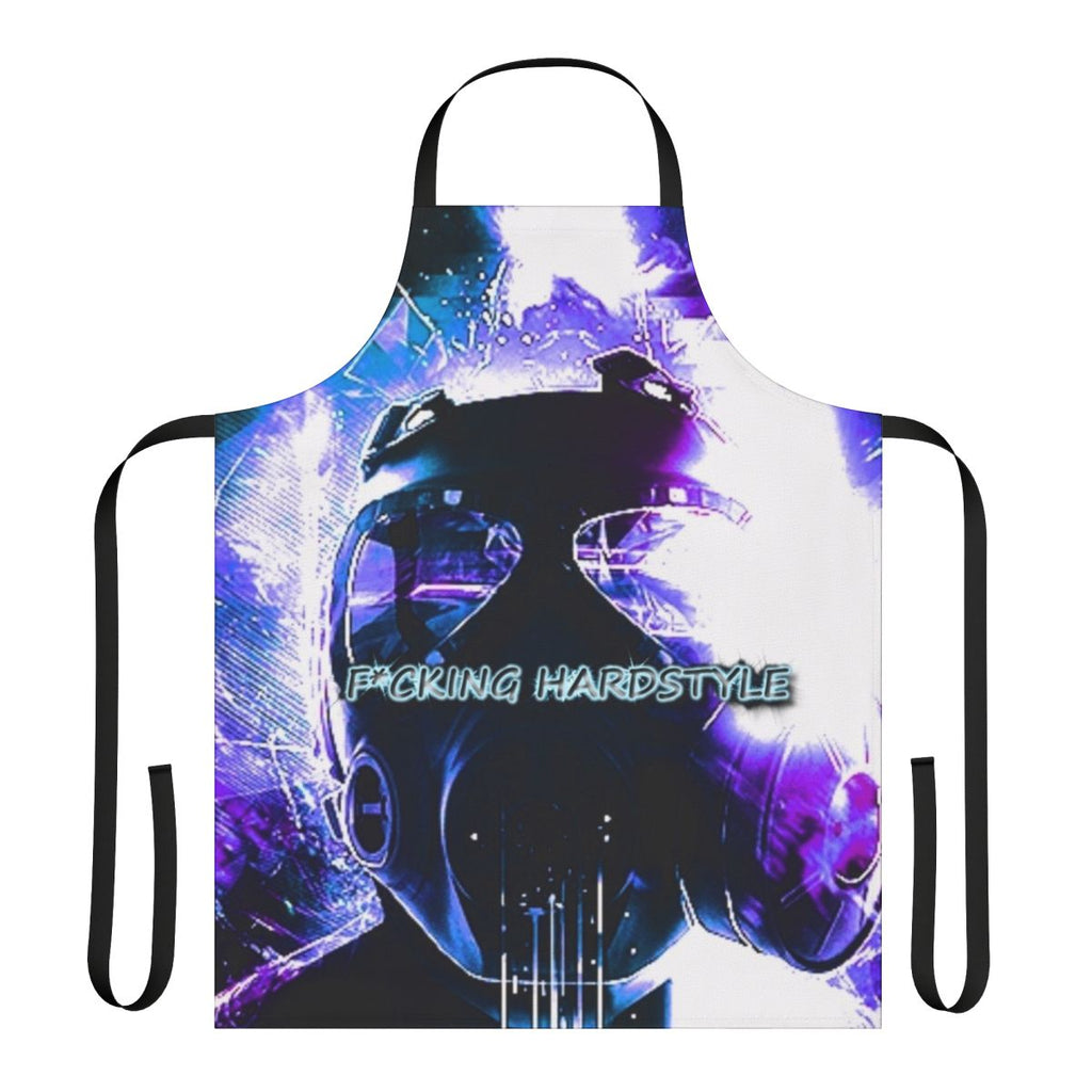 Hardstyle music lover wearing an apron with DJ equipment and electronic music symbols