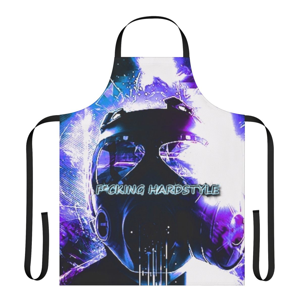 Hardstyle music lover wearing an apron with DJ equipment and electronic music symbols