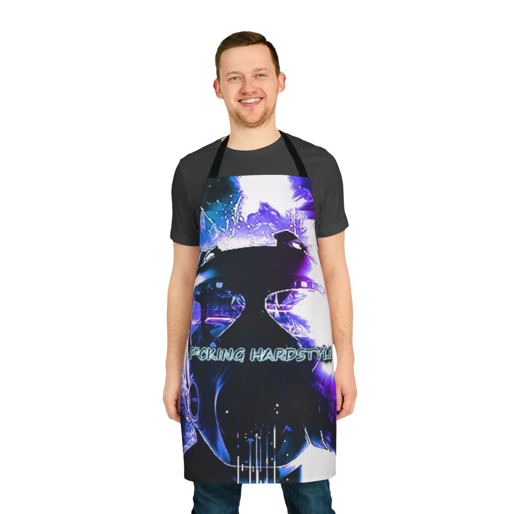 Hardstyle music lover wearing an apron with DJ equipment and electronic music symbols