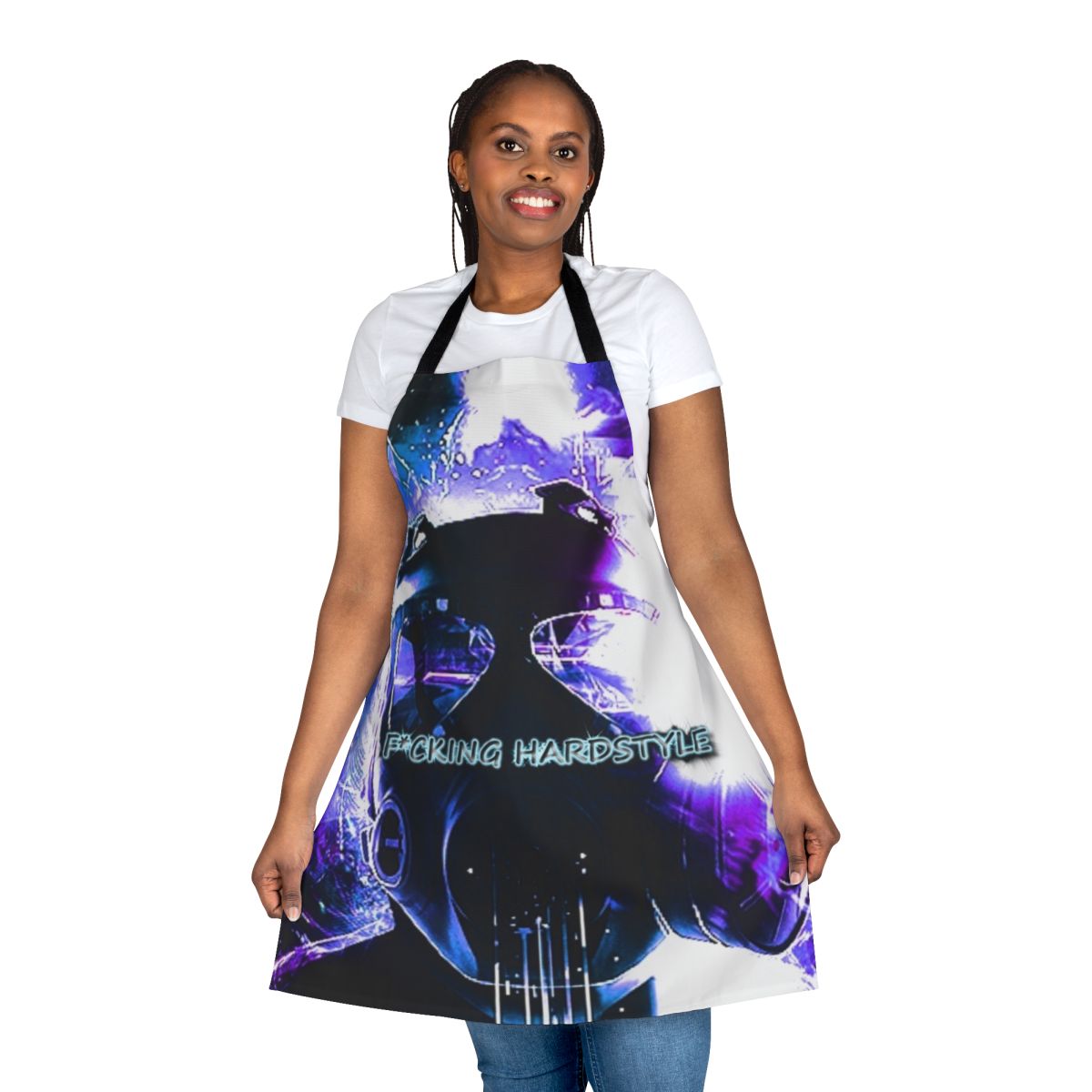 Hardstyle music lover wearing an apron with DJ equipment and electronic music symbols