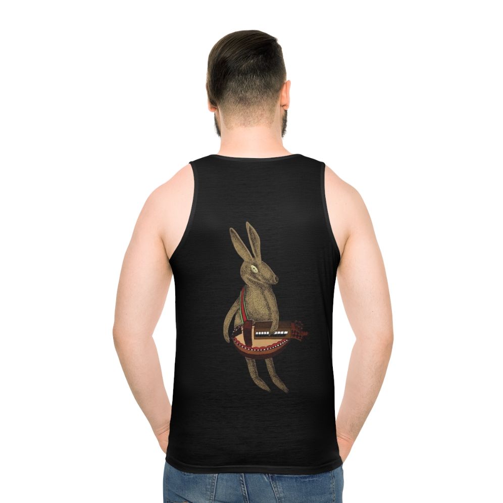 Hare playing hurdy gurdy music instrument on unisex tank top
