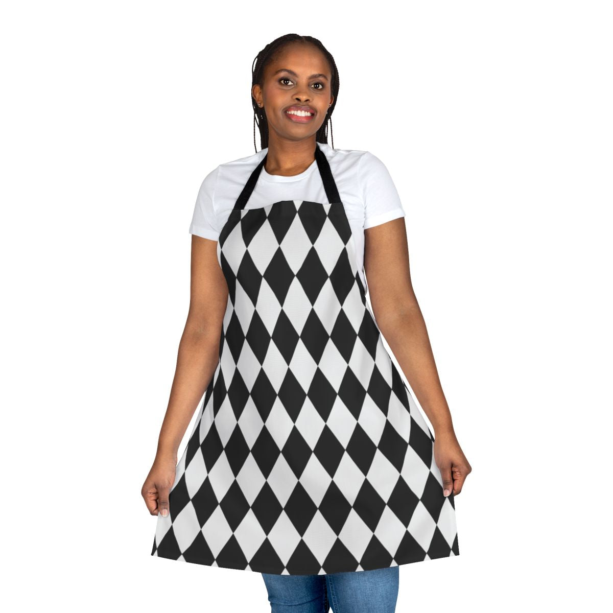 Harlequin diamond pattern apron in black and white