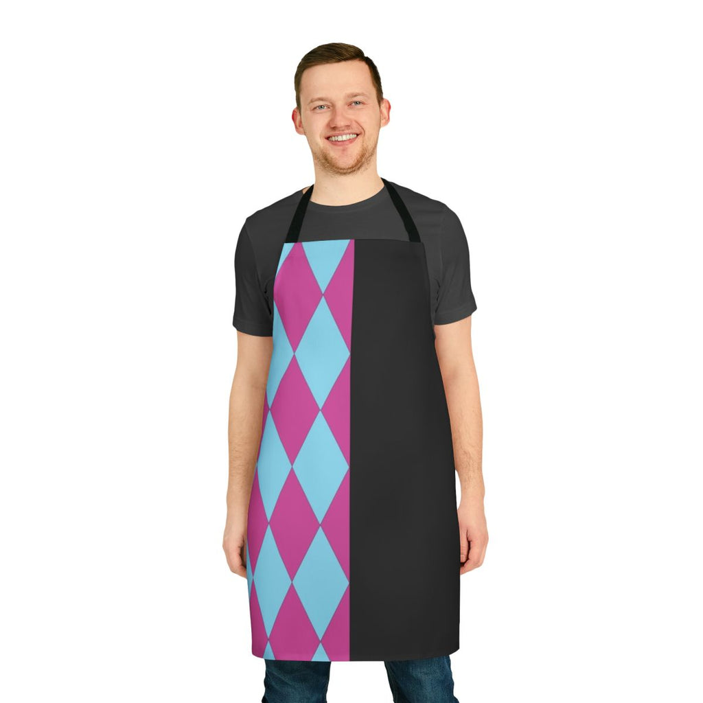 Harlequin-themed apron with Laughing God design