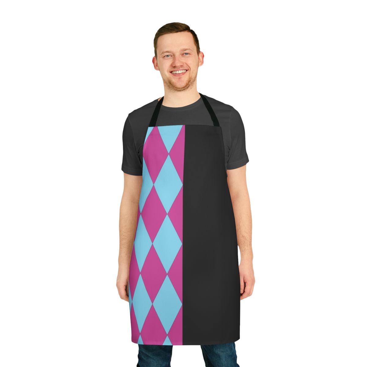 Harlequin-themed apron with Laughing God design