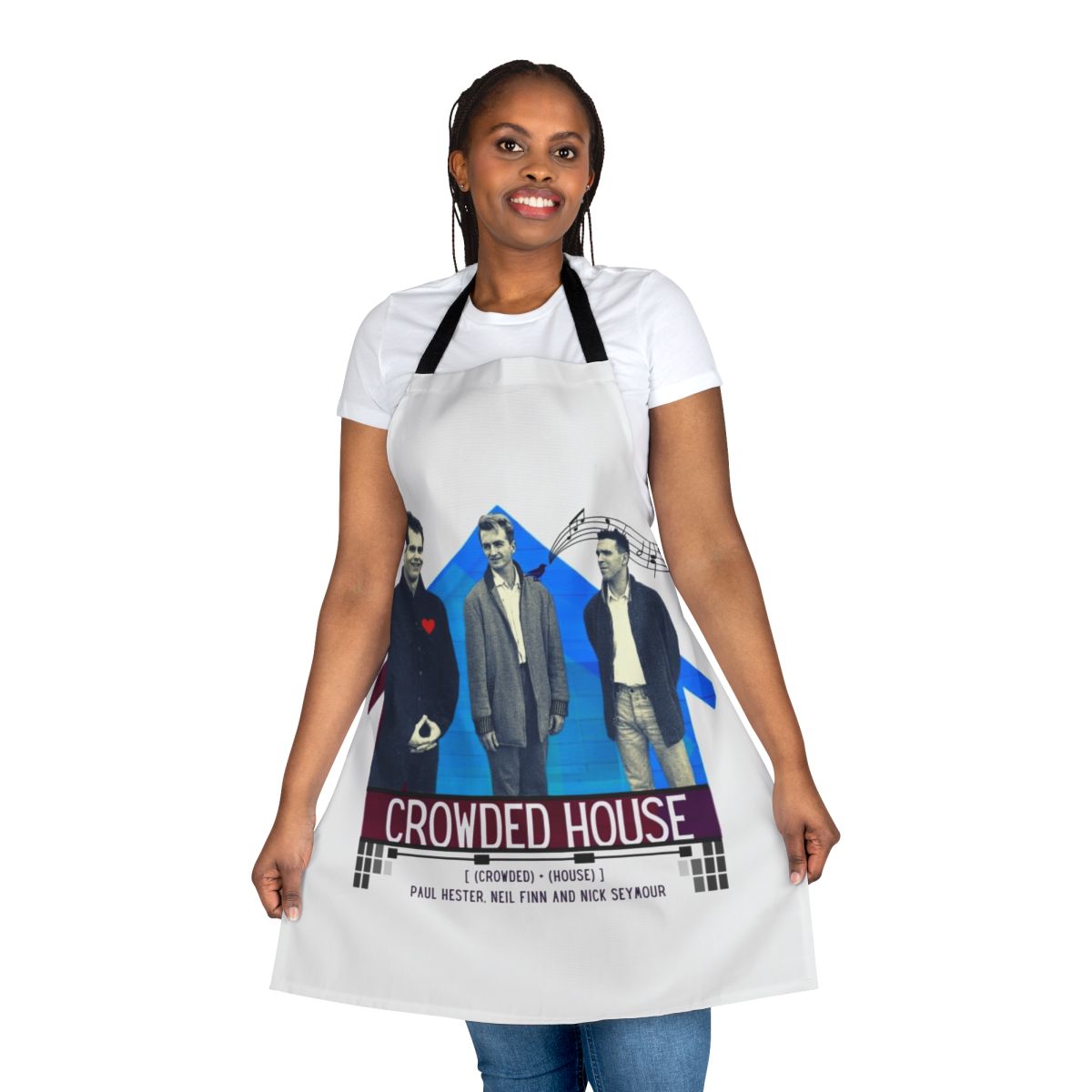 Crowded House inspired apron featuring nature-inspired artwork and musical elements