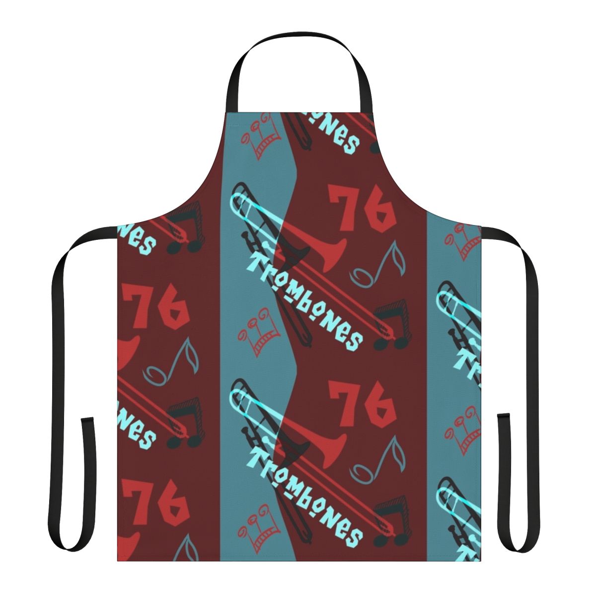 An apron featuring a 76 Trombones-inspired design, perfect for music enthusiasts, band directors, and theater fans.