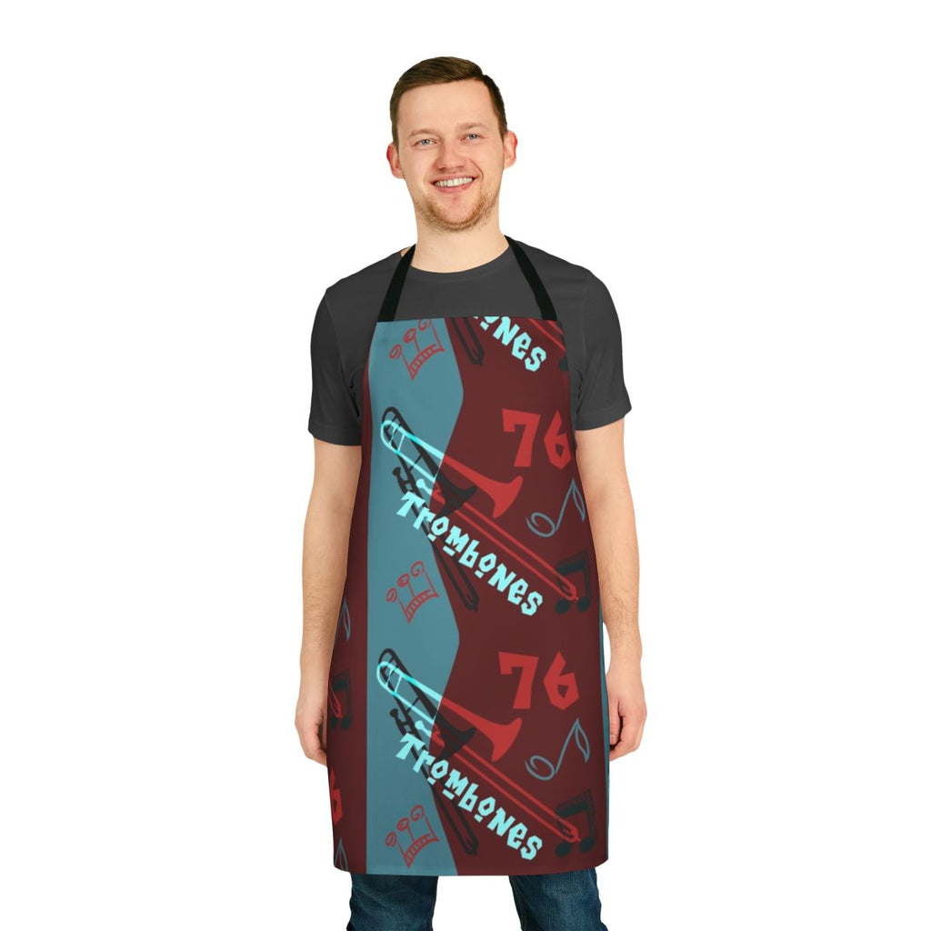 An apron featuring a 76 Trombones-inspired design, perfect for music enthusiasts, band directors, and theater fans.