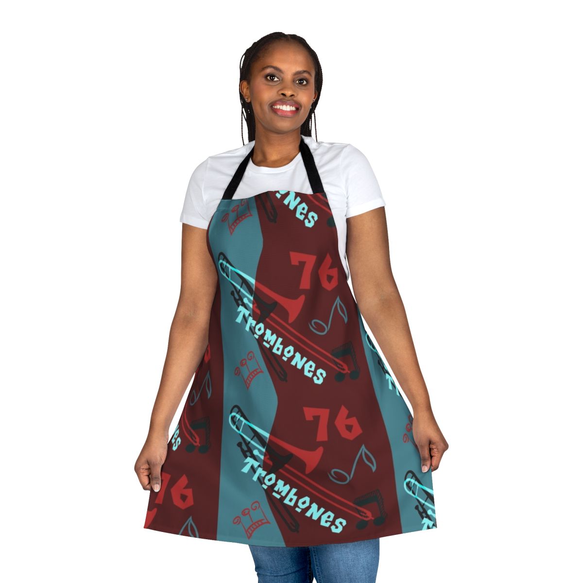 An apron featuring a 76 Trombones-inspired design, perfect for music enthusiasts, band directors, and theater fans.