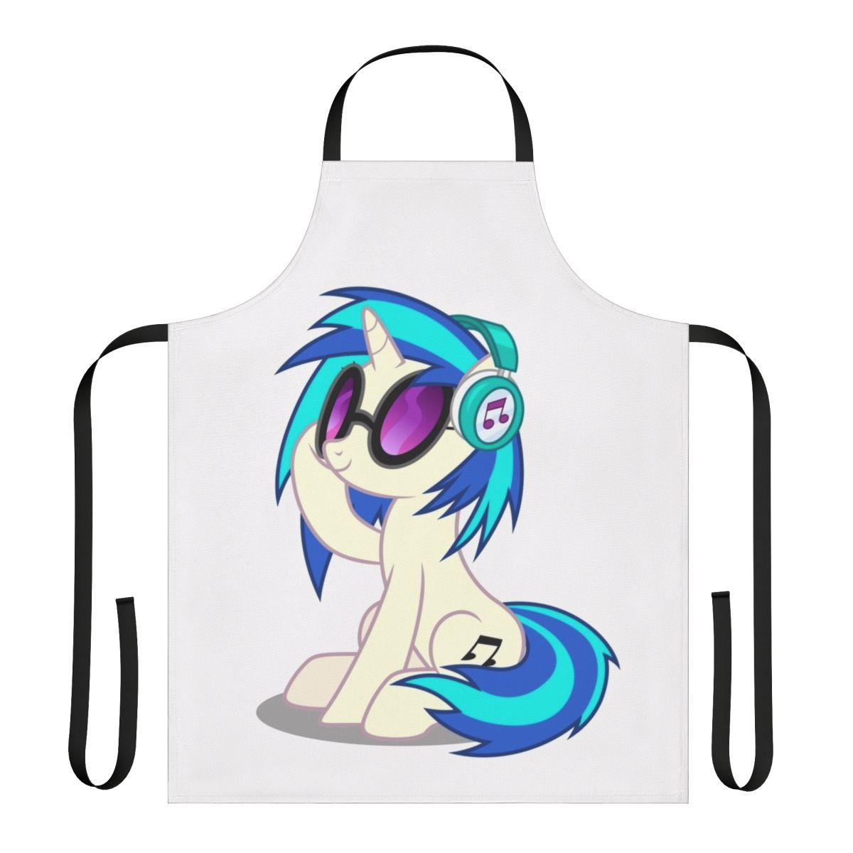 A colorful apron featuring the characters Vinyl Scratch and DJ Pon-3 from the My Little Pony universe, perfect for music enthusiasts.