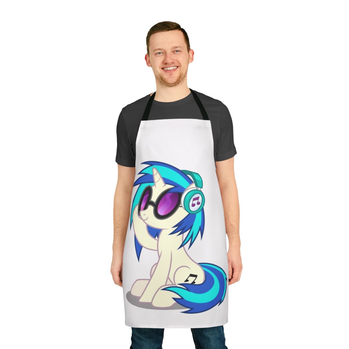 A colorful apron featuring the characters Vinyl Scratch and DJ Pon-3 from the My Little Pony universe, perfect for music enthusiasts.