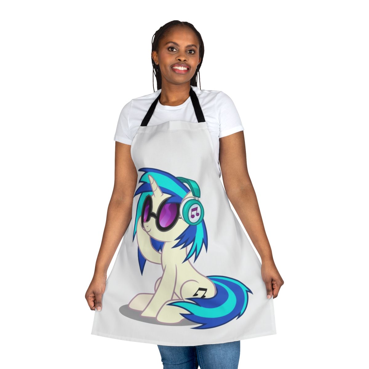 A colorful apron featuring the characters Vinyl Scratch and DJ Pon-3 from the My Little Pony universe, perfect for music enthusiasts.