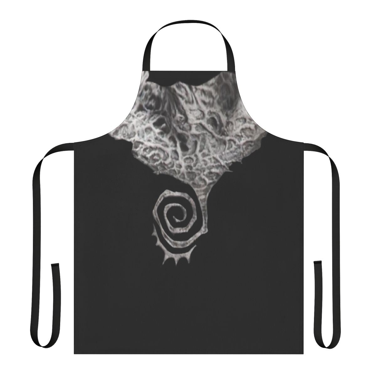 A black and white spiral yin yang apron perfect for haunt-themed cosplay and comic book superhero/anti-hero costumes.