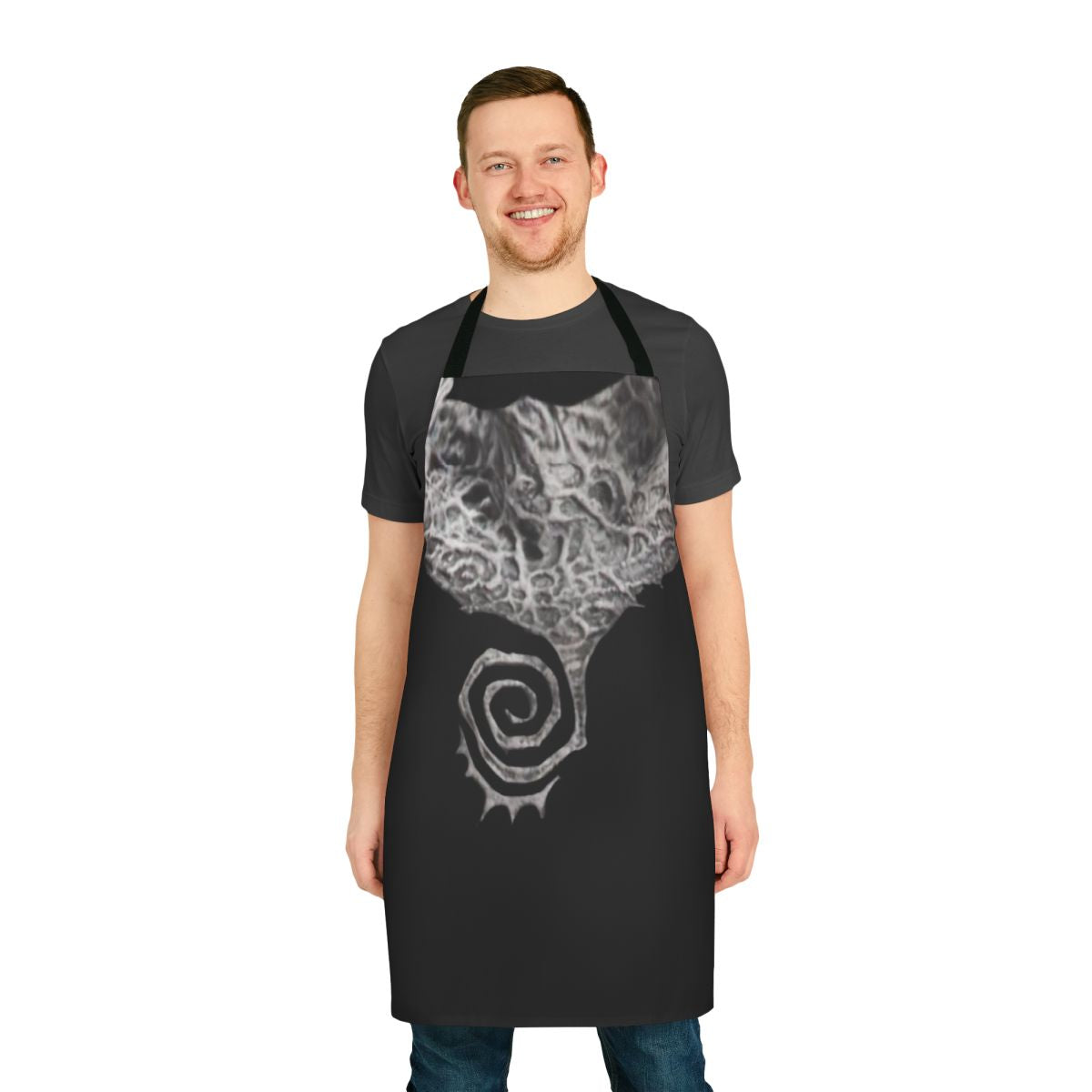 A black and white spiral yin yang apron perfect for haunt-themed cosplay and comic book superhero/anti-hero costumes.