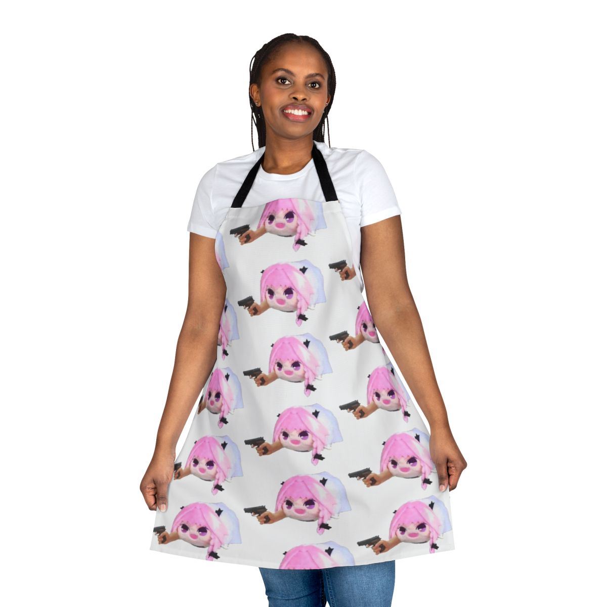 Haunted Astolfo bean plushie with a gun printed on an apron
