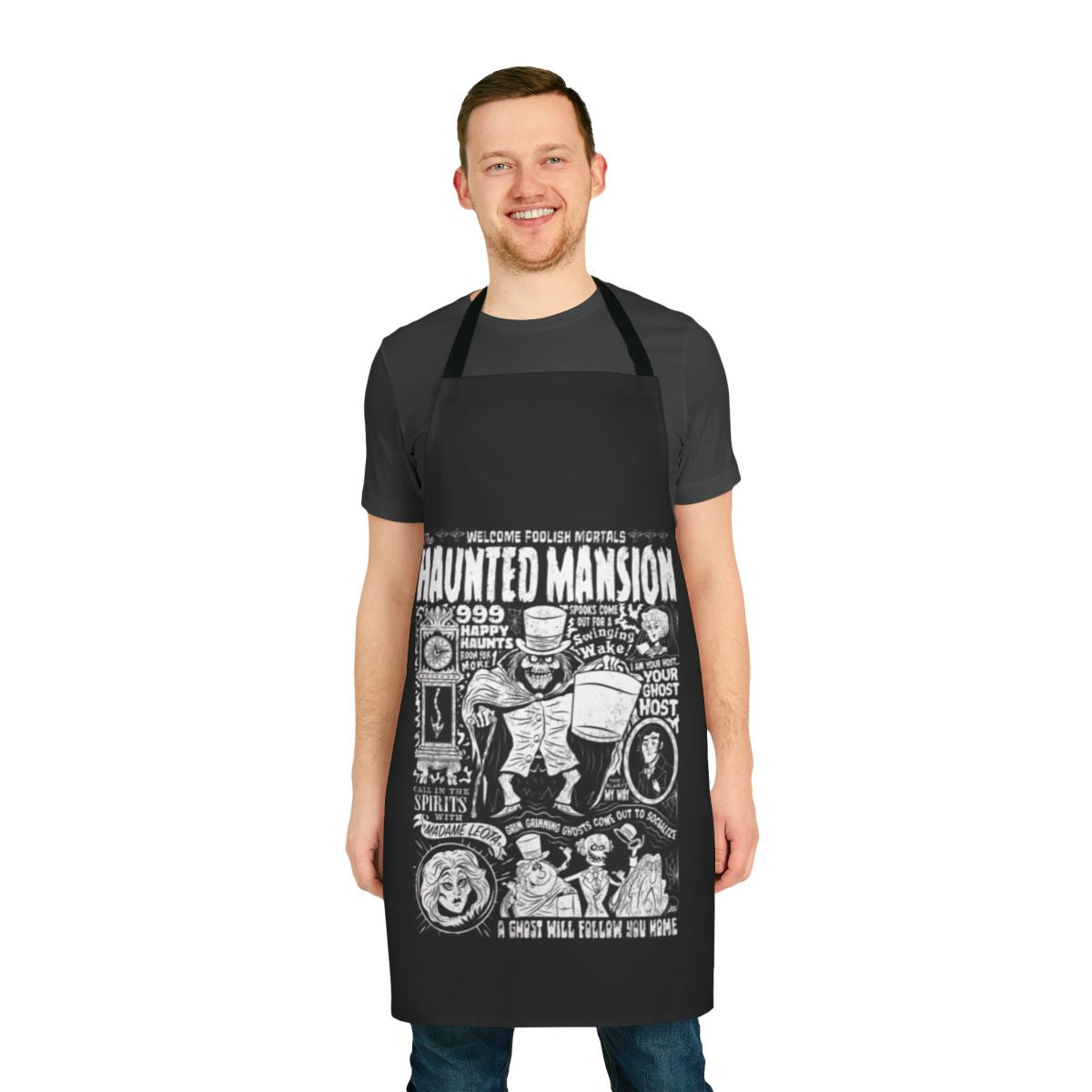 Haunted mansion apron with a spooky mansion and ghostly design