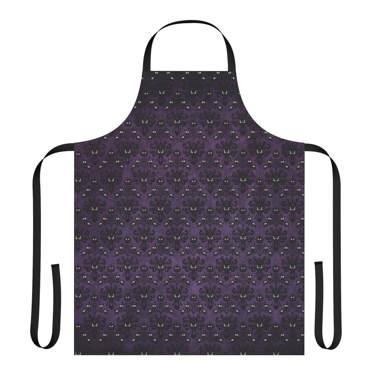 A black and purple apron with a haunted mansion wallpaper design, perfect for spooky kitchen tasks.