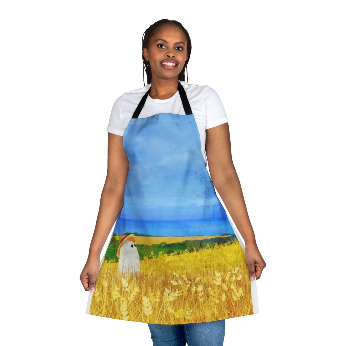 Haunted wheat field apron with a ghostly apparition in the golden wheat field
