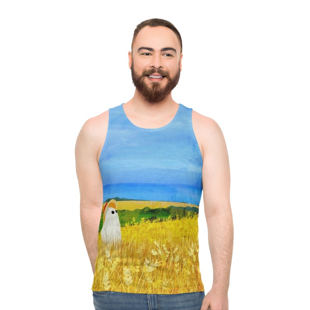 Unisex tank top with a ghost in a wheat field design