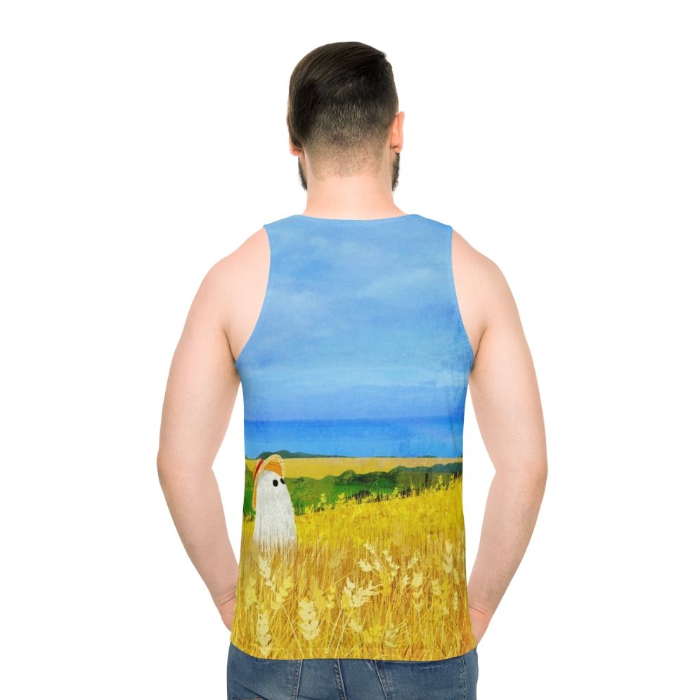 Unisex tank top with a ghost in a wheat field design