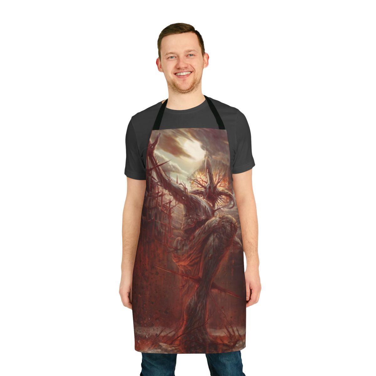 Apron featuring a dark, surreal, and macabre painting design