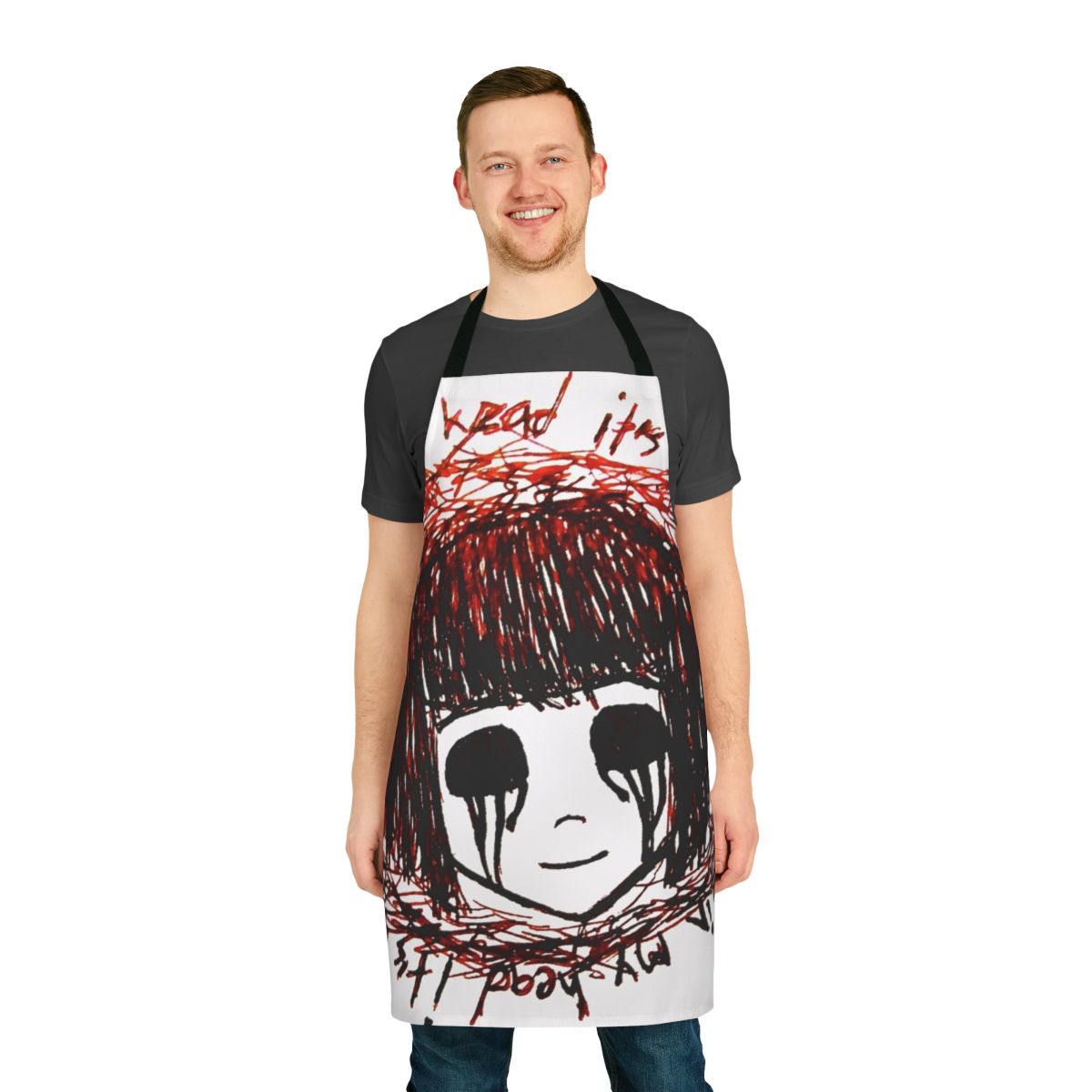 Fran Bow-inspired apron with creepy, gothic design featuring a crying girl, blood, and tears