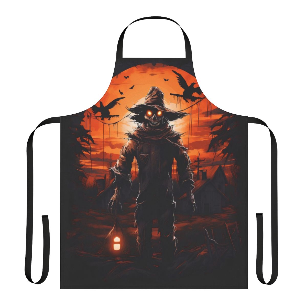 Haunting Halloween scarecrow apron with full moon and terrifying horror scene