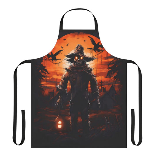 Haunting Halloween scarecrow apron with full moon and terrifying horror scene
