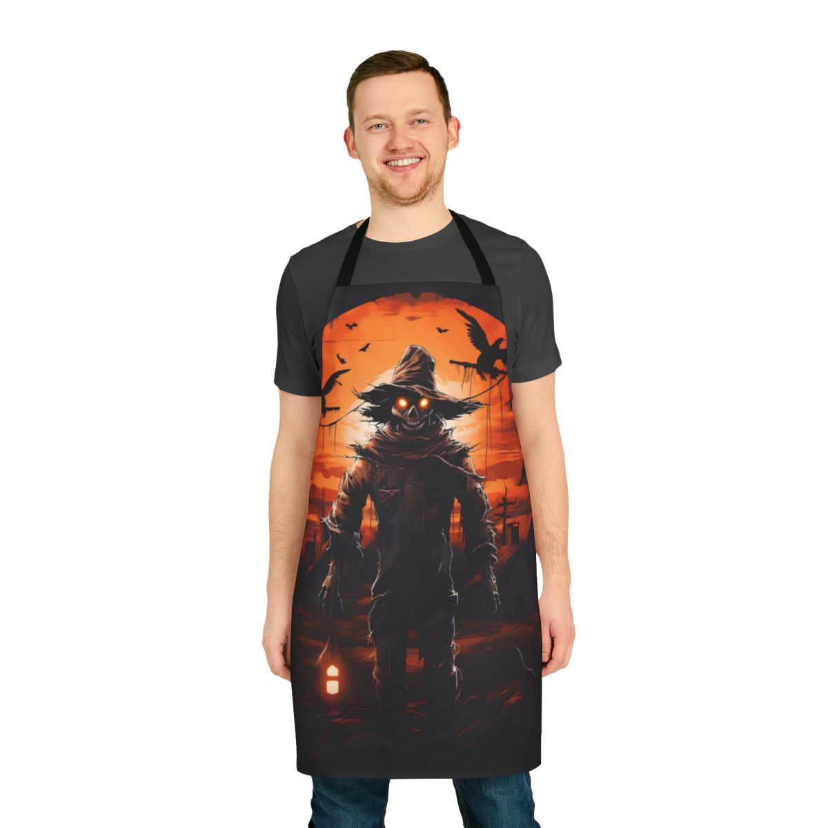 Haunting Halloween scarecrow apron with full moon and terrifying horror scene