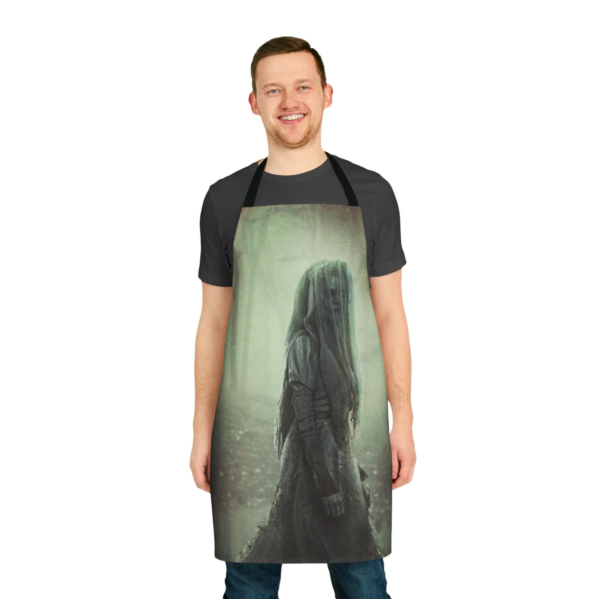 A dark and spooky apron featuring the legendary figure of La Llorona, the cursed and haunting "Weeping Woman" of folklore.