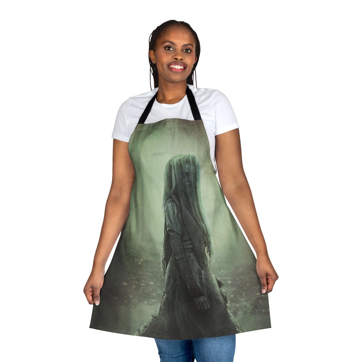 A dark and spooky apron featuring the legendary figure of La Llorona, the cursed and haunting "Weeping Woman" of folklore.