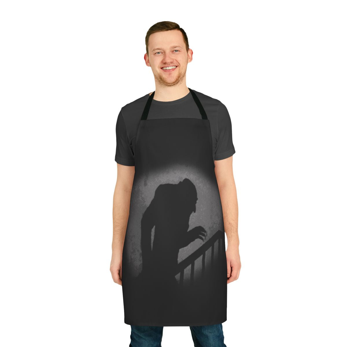 Nosferatu silhouette design on a black apron, perfect for Halloween and horror enthusiasts