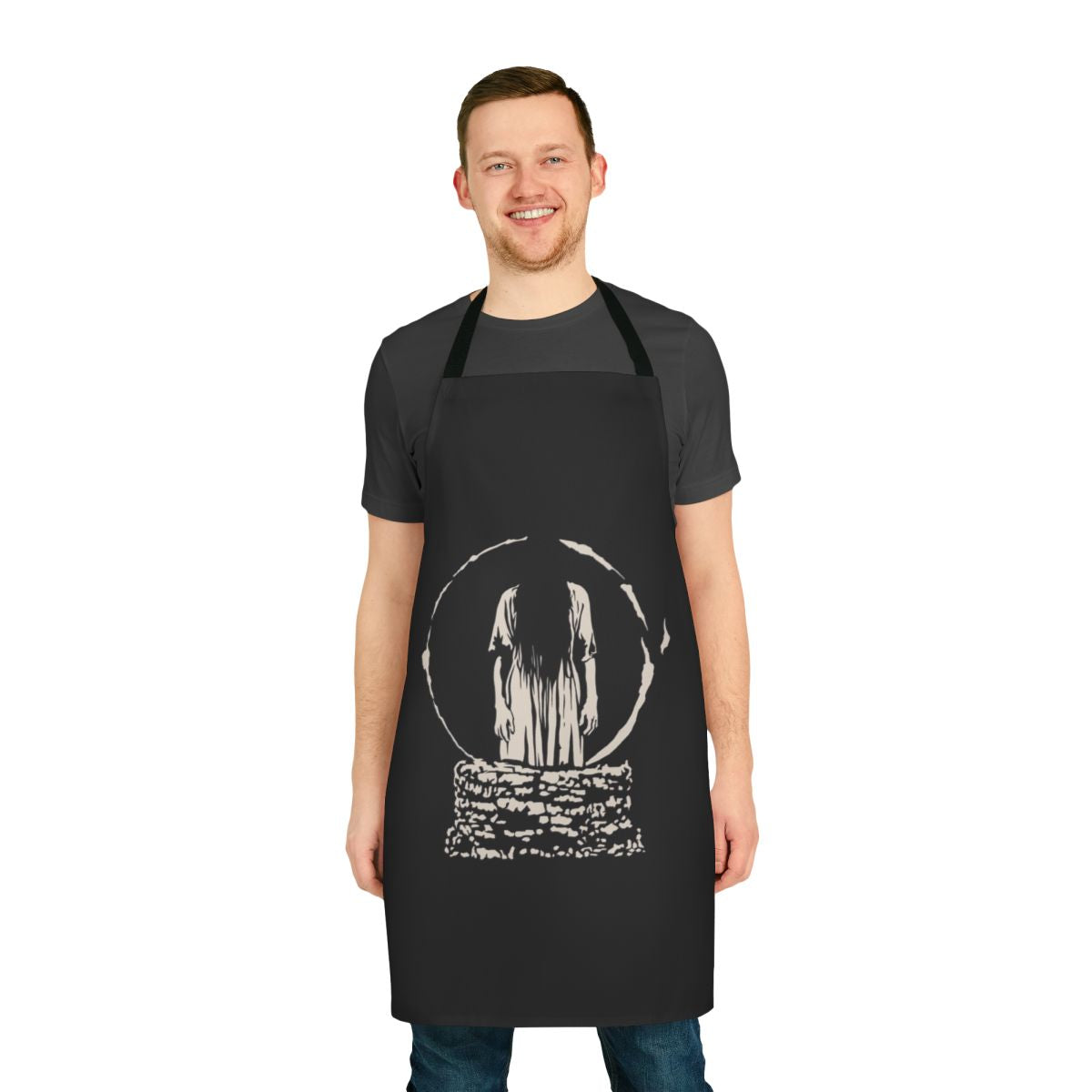 White apron with spooky "The Ring" inspired design