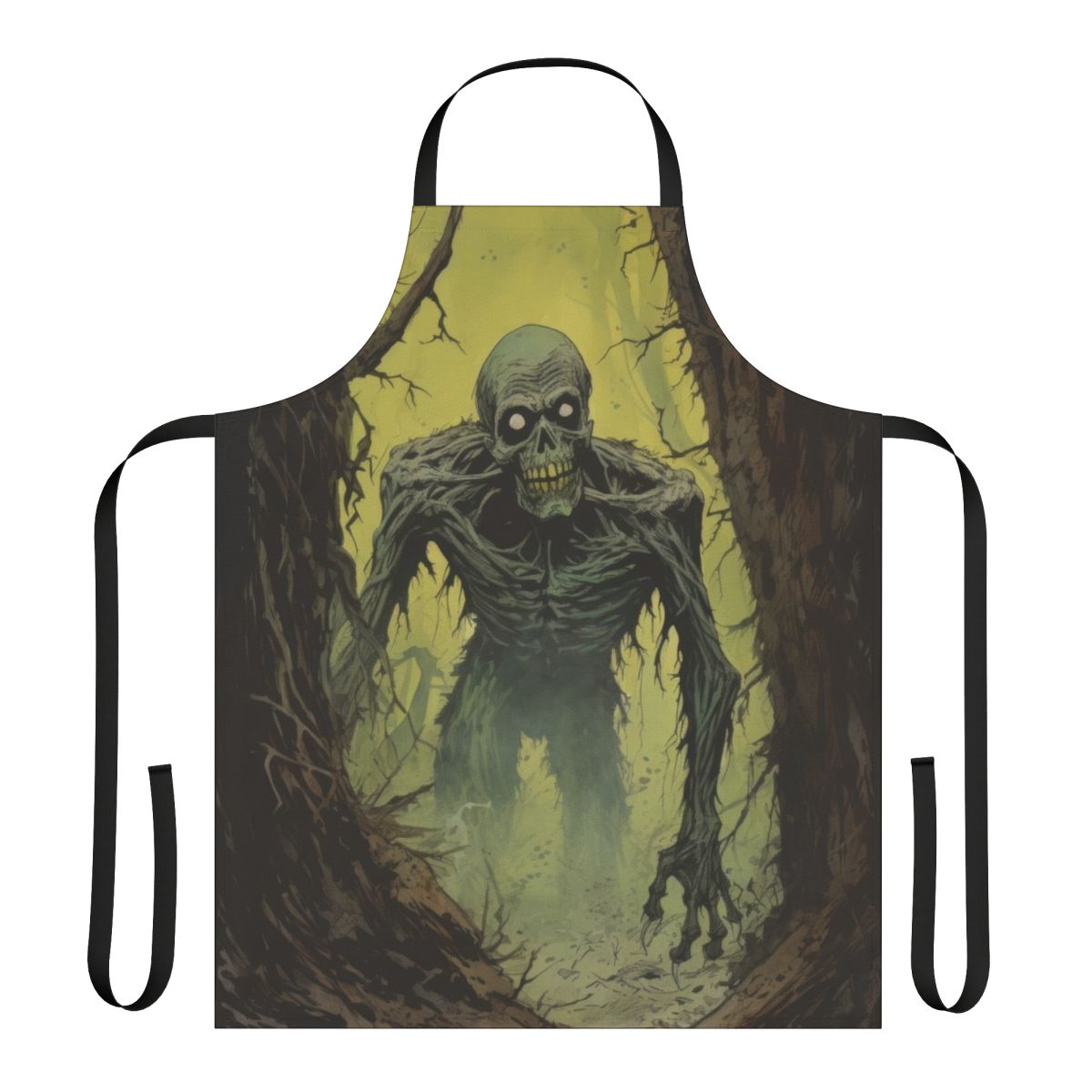 Haunting zombie art illustration featuring a creepy skeleton in a dark, eerie landscape