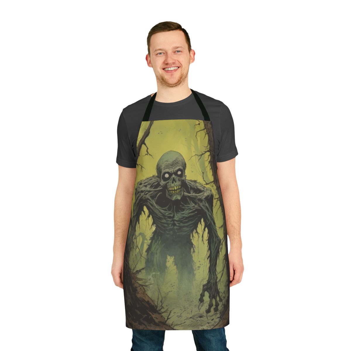 Haunting zombie art illustration featuring a creepy skeleton in a dark, eerie landscape