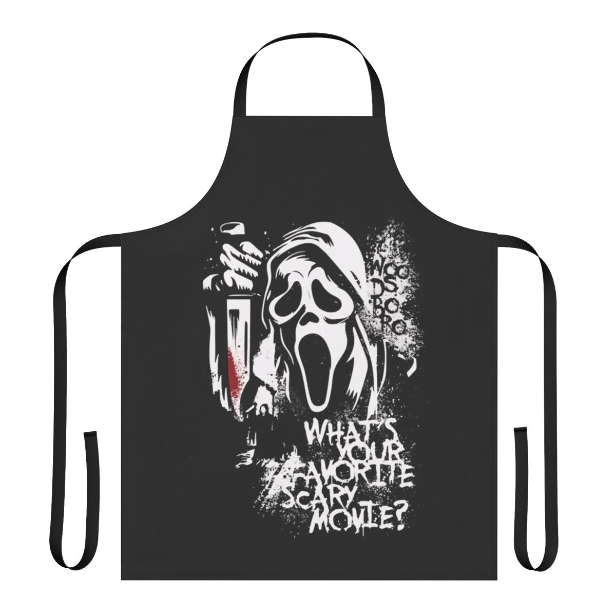 A black apron featuring a ghostface character, perfect for horror movie fans.