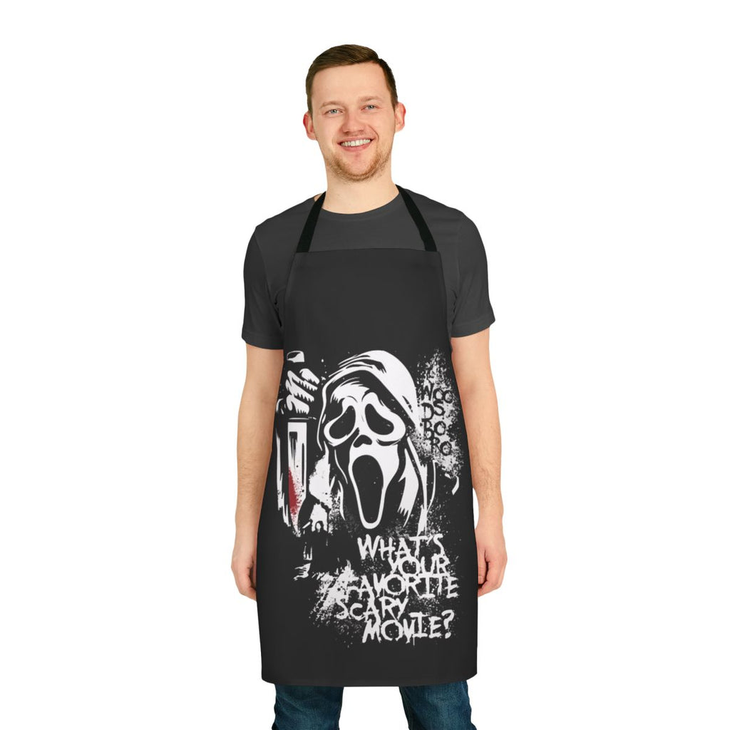 A black apron featuring a ghostface character, perfect for horror movie fans.