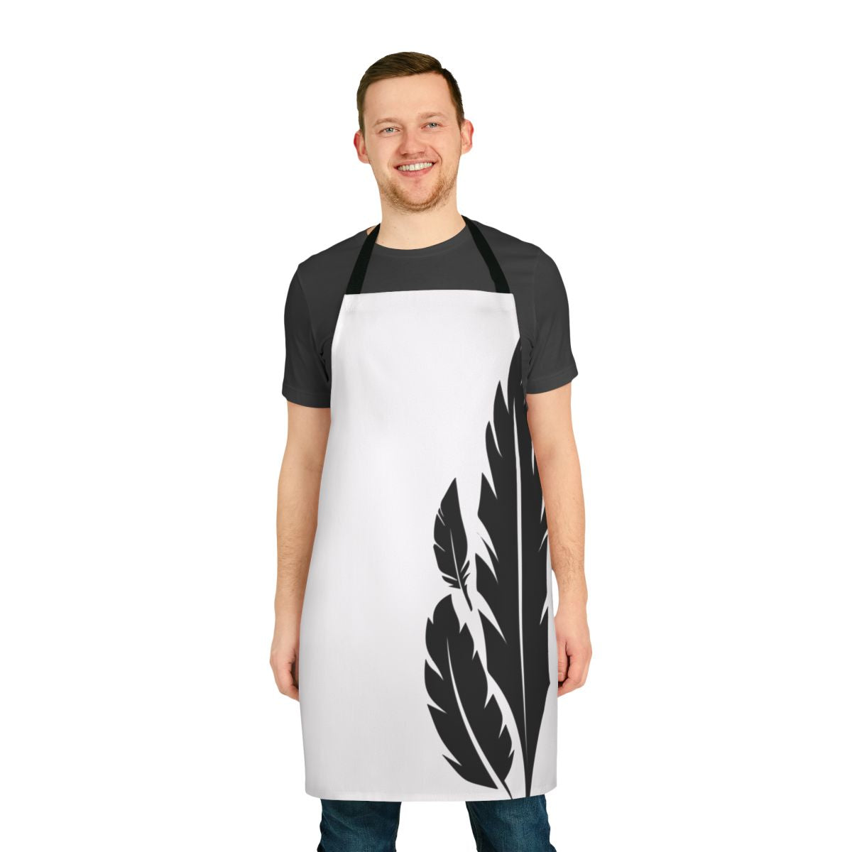 A black and white apron featuring a stylized hawk and moon design, inspired by the video game Destiny.