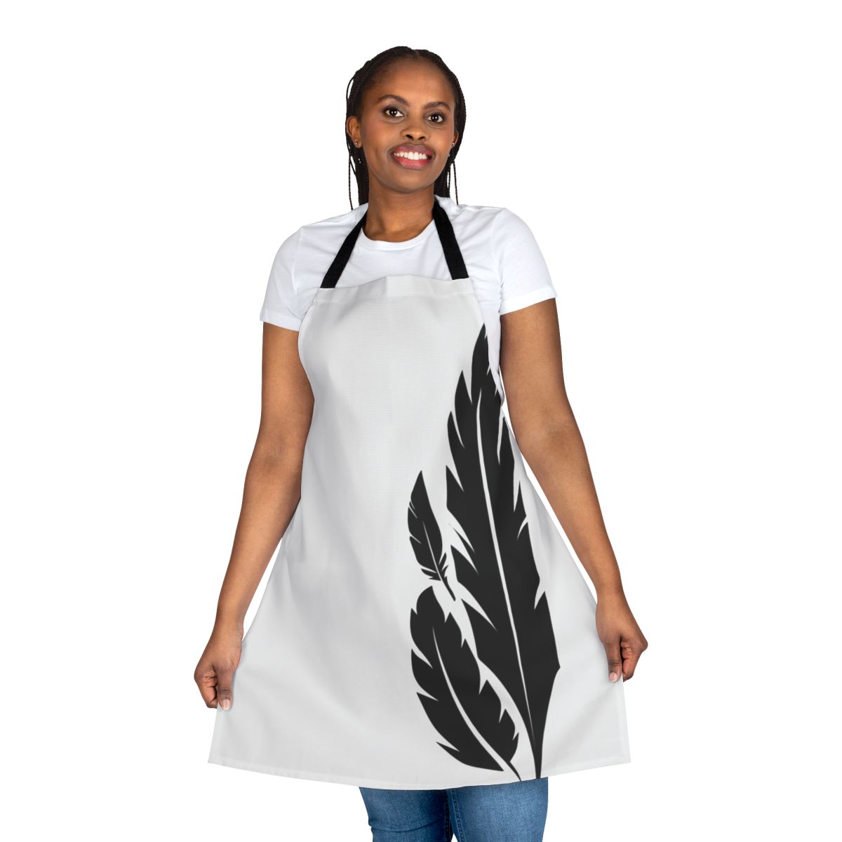A black and white apron featuring a stylized hawk and moon design, inspired by the video game Destiny.